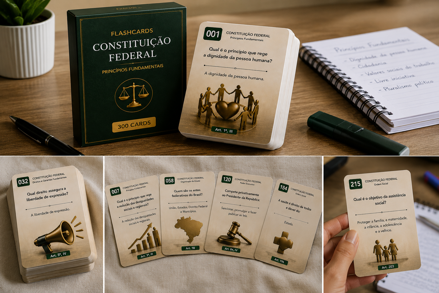 Baralho de flashcards empilhado ao lado da caixa do produto